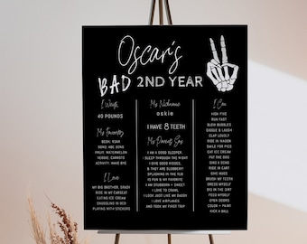 Bad TWO the Bone Milestone Board Template | Editable Halloween 2nd Birthday Stat Sign | Second Bday Board Birthday Skeleton Peace Decor S366