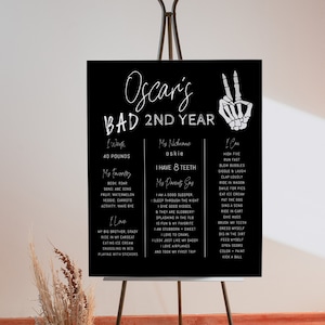 Bad TWO the Bone Milestone Board Template | Editable Halloween 2nd Birthday Stat Sign | Second Bday Board Birthday Skeleton Peace Decor S366