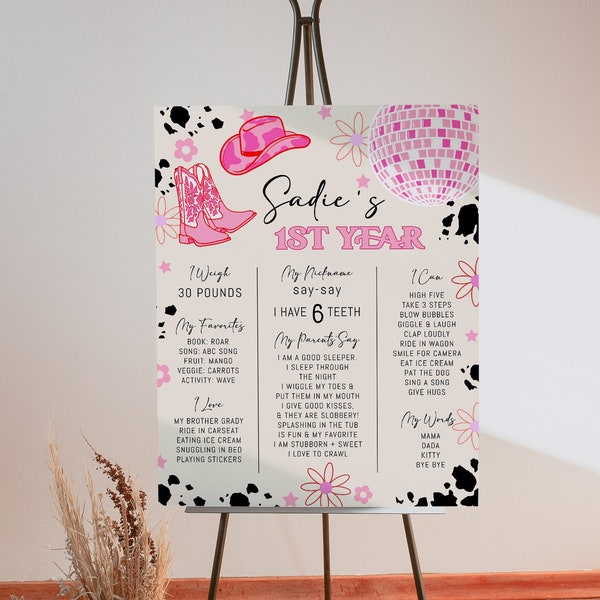 Girl 1st Rodeo Milestone Board Template | Editable Disco Cowgirl 1st Birthday Stat Sign | Hot Pink Western My First Year Board S536