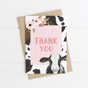 de carte de remerciement vache sacrée | 1er anniversaire de Cow Girl modifiable | Carte de remerciement imprimable pour l'anniversaire de la ferme S413