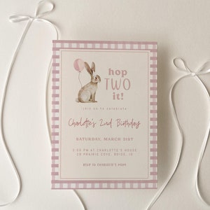 Bunny 2nd Birthday Invitation Template | Editable Girl Hop TWO it Second Birthday Printable Invite | Some Bunny is 2 Rabbit Bday S732
