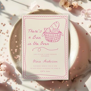 Bun in the Oven Baby Shower Invitation Template | Editable Hand Drawn Girl Bun in the Oven Bread DIY Baby Shower Invite Download S919