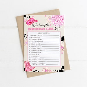 Who Knows Birthday Girl Best Cowgirl Birthday Girl Quiz | Editable How Well Do you Know the Birthday Girl Printable Disco Cowgirl Game S536