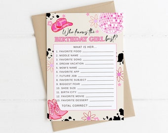 Wie weet jarige beste cowgirl verjaardagsquiz | Bewerkbaar Hoe goed ken je de jarige Afdrukbare Disco Cowgirl Game S536