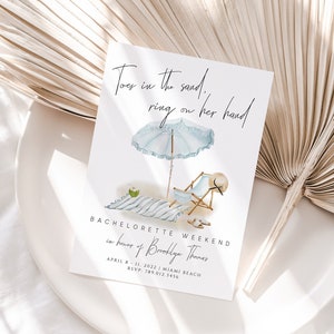 Beach Bachelorette Party Invitation | Toes in Sand, Ring on Her Hand Bach Invite | Last Splash Bridal Weekend Getaway Editable Template