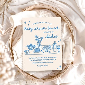 Baby Shower Brunch Einladungsvorlage | Bearbeitbare Hand gezeichnete Jungen-Babyparty-Brunch-Einladung | Babybrunch S674