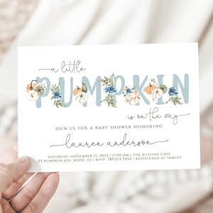 Boy Little Pumpkin Baby Shower Invitation | Fall Baby Sprinkle Invite Editable Template | Blue Little Pumpkin is on the Way S314