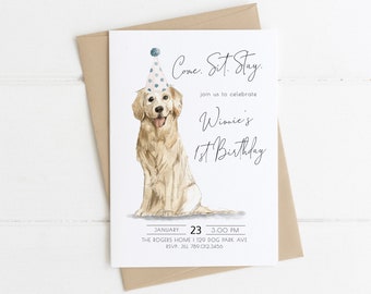 Golden Retriever Birthday Invitation | Dog Come Sit Stay Bday Invite Editable Template  Puppy Let's Pawty S114