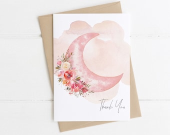 Over the Moon Thank You card Template | Girl Moon Baby Shower Printable Pink Baby Shower Thank You card | S109