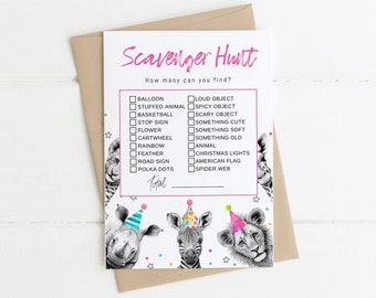 Scavenger Hunt Template Party Animals Birthday | Editable Girl Birthday Scavenger Hunt Printable Hot Pink Birthday Game S595