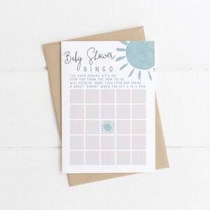 Szablon Sunshine Baby Shower Bingo | Niebieska karta Sun Bingo Boy Baby Sprinkle do druku, edytowalne gry S241
