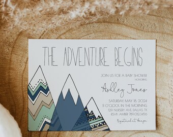 Adventure Begins Baby Shower Invitation | Mountain Baby Sprinkle Invite Editable Printable Template  | Boy Baby Shower Invite S131