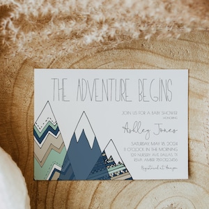 Adventure Begins Baby Shower Invitation | Mountain Baby Sprinkle Invite Editable Printable Template  | Boy Baby Shower Invite S131