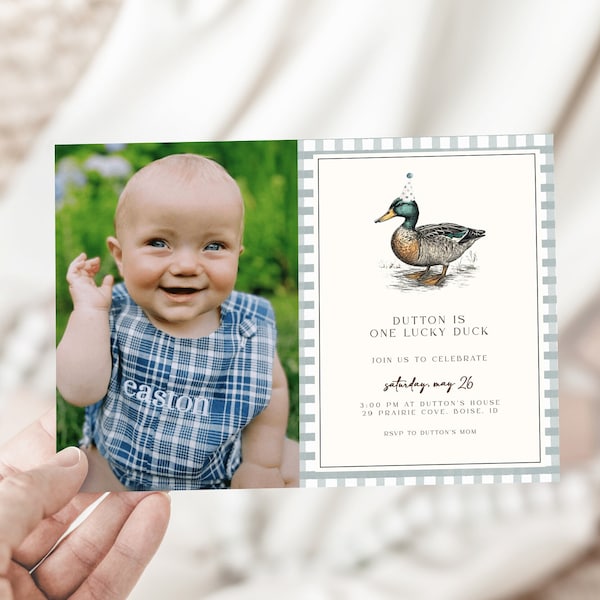 One Lucky Duck Birthday Picture Invitation Template | Editable Boy 1st Birthday Printable Photo Invite | Duck First Birthday S557