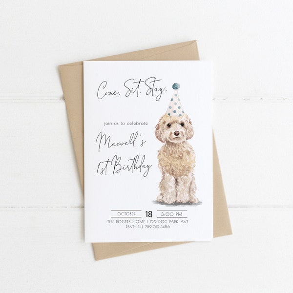 Dog Birthday Invitation | Cockapoo Come Sit Stay Bday Invite Editable Template  | Golden Doodle Boy Puppy Let's Pawty | S114