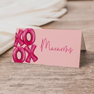 Plantilla editable para carpa de comida para fiesta de Galentine / Tarjetas de lugar para fiesta de San Valentín / Etiqueta de nombre plegable XOXO S583