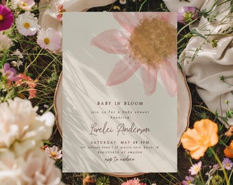 Baby in Bloom Baby Shower Invitation Template | Editable Pink Wildflower Girl Baby Shower Invite | Daisy Floral Invitation S447