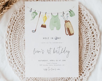 Golf 1st Birthday Invitation - Editable Template | DIY Hole in ONE Birthday Party Invite in Green | Golf Par-Tee First Bday Invite S714
