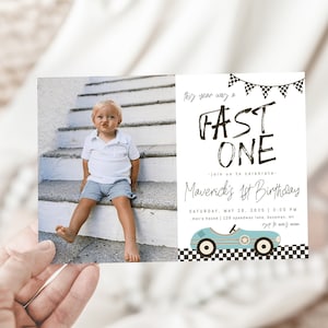 Fast ONE Birthday Invitation with Picture Template | Editable Race Car 1st Birthday Photo Invite | This Year was a Fast 1 First Bday S437