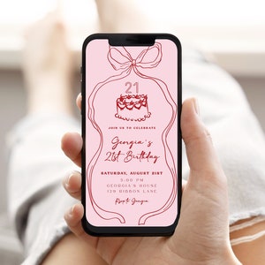 Bow 21st Birthday Text Invitation Template | Editable Coquette Pink Hand Drawn Bow Girl Twenty First Birthday Party Paperless E-invite S652