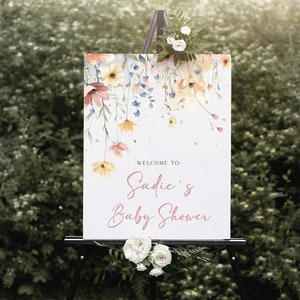 Wildflower Welcome Sign Template | Editable Wildflower Baby Shower Decor Baby in Bloom Printable Sign S589