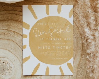 Sunshine 1st Birthday Invitation | Our Little Sunshine is One Editable Template First Birthday Invite Sun S239