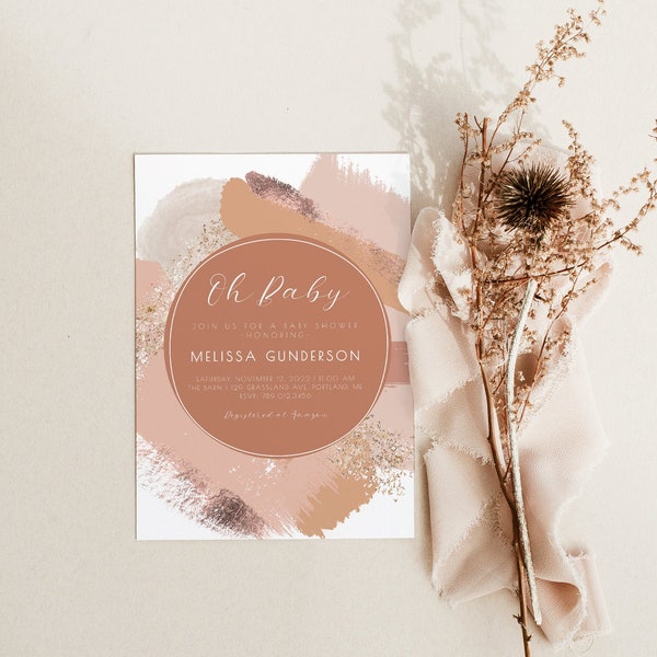 Editable Baby Shower Invitation for Girl | Pink Baby Shower Invite Template Peach Nude Rose Gold S517
