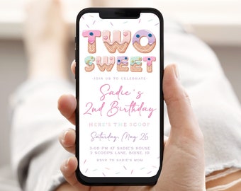 TWO Sweet 2nd Birthday Text Invitation Template | Editable Ice Cream Girl Second Bday Party Paperless E-Invite | Here's the Scoop S612