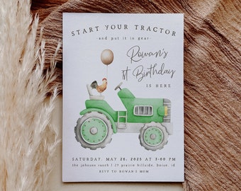 Tractor Birthday Invitation | Editable Green Tractor 1st Bday Party Invite | Printable Start Your Tractor Birthday Invite S476