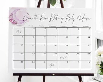 S121 Guess Baby/'s Due Date Calendar Baby Shower Sign Editable Template Instant Download Boy Over the Moon Baby Shower Game