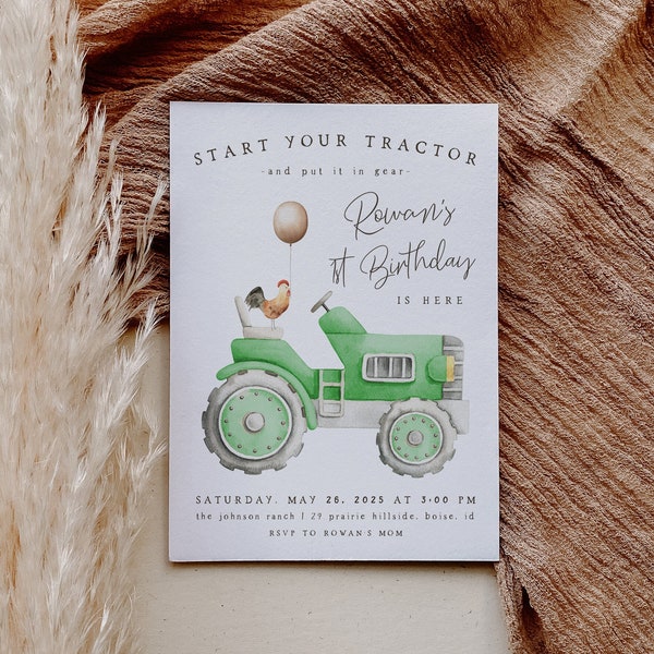 Tractor Birthday Invitation | Editable Green Tractor 1st Bday Party Invite | Printable Start Your Tractor Birthday Invite S476