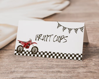 Dirt Bike Food Tent Template | Editable Red Racing Baby Shower Place Card | TWO Fast Birthday Fast ONE Folded Name Tag Printable Label S493