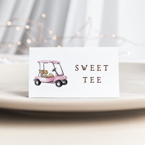 Plantilla de carpa de comida para golf / Tarjetas de lugar de cumpleaños editables para niñas golfistas con hoyo en uno / Etiqueta de nombre plegable de golf rosa para imprimir S467