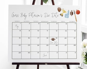 Guess Baby's Due Date Calendar Template Sports Baby Shower Game | Boy All star Baby Shower Editable Printable Game S290