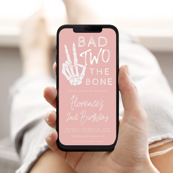 Bad Two the Bone 2nd Birthday Invitation Text Template | Editable Fall Halloween Girl Second Birthday E-Invite Pink Skeleton Peace Hand S367