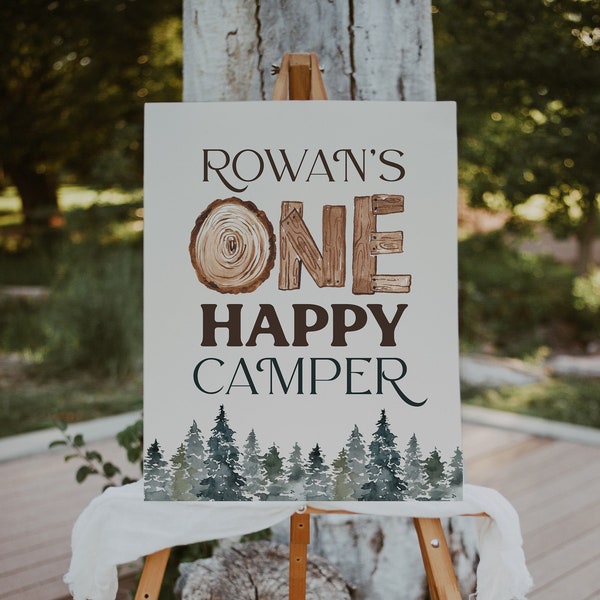 One Happy Camper Birthday Welcome Sign Template | Editable Rustic Trees Birthday Party Welcome Sign Woodland Printable Decor S391