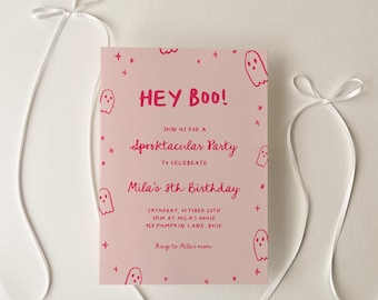 May include: A pink birthday invitation with red text, featuring the words "HEY BOO!" and "Spooktacular Party". The invitation announces Mila's 8th birthday, including the date, time, and location, with ghost and star illustrations.