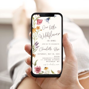 Wildflower 1st Birthday Text Invitation Template | Editable Our Little Wildflower is ONE Floral Birthday E-invite S445