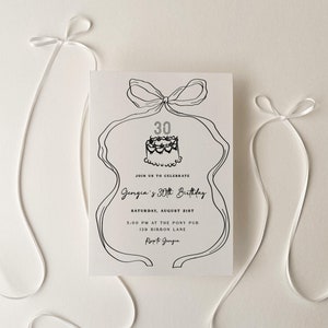 Bow 30th Birthday Invitation Template | Editable Coquette Black and White Girly Bow Thirtieth Birthday Party Invite S683