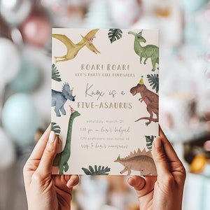 May include: A light brown invitation with green and brown dinosaur illustrations. The text reads "Roar! Roar! Let's party like dinosaurs. Knox is a Five-asaurus. Saturday, March 21, 3:00 pm in Knox's backyard, 120 Prehistoric Ave. Boise, ID. RSVP to Knox's mom and dad."