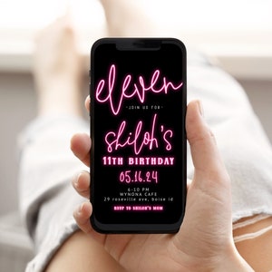 11th Birthday Party Text Invitation | Pink Neon Light Bday Paperless Invite Editable Template