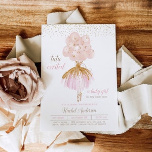 Ballerina Baby Shower Invitation Template | Editable Tutu Excited Girl Baby Shower Printable Invite | Pink and Gold Ballet Dance S225