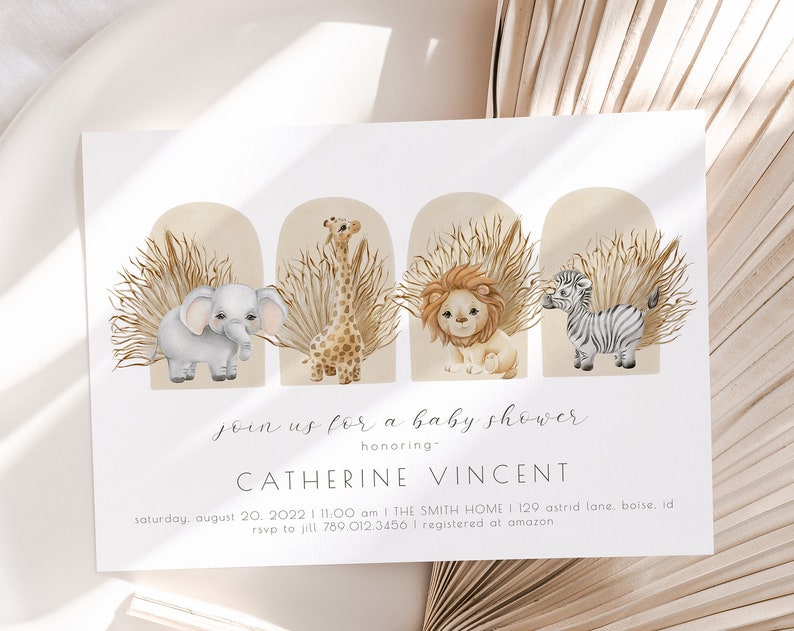 Editable Safari Baby Shower Invitation Muted Beige Jungle Baby Sprinkle Template Invite Pampas Grass Baby Animal Shower S186