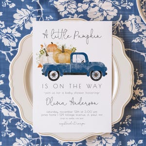 Pumpkin Fall Boy Baby Shower Invitation | Truck Boy Baby Shower Editable Invite Template | A Little Pumpkin is on the Way S127