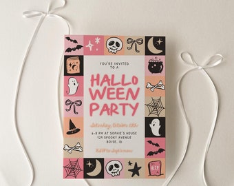 May include: A Halloween party invitation with a pink and peach color scheme. The invitation features a grid of Halloween-themed illustrations, including bats, ghosts, and skulls. The text reads "You're invited to a Halloween Party". White ribbon accents the invitation.