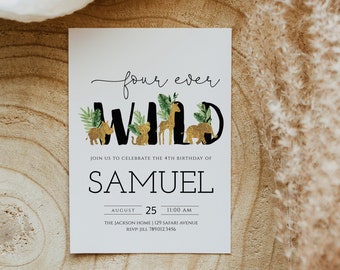 Vier ooit wilde 4e verjaardagsuitnodiging bewerkbare sjabloon | Jungle verjaardagsuitnodiging 4e verjaardag jongen | Safari-dieruitnodiging
