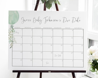 Guess Baby&#39;s Due Date Calendar Game Template Baby Shower Sign Gender Neutral | Green Baby Shower Editable Decor S118