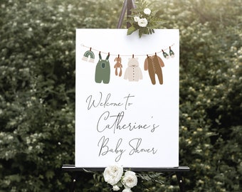 Green Baby Shower Welcome Sign | Clothesline Gender Neutral Baby Sprinkle Decor Editable Template S191