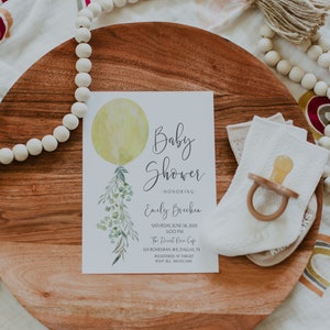 Yellow Baby Shower Invitation | Ready to Pop Gender Neutral Invite | Greenery Balloon Editable Template Baby Sprinkle S512