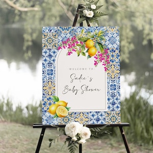 Editable Mediterranean Welcome Sign Template | Blue Tile Almafi Coast Lemon Italian Baby Shower Sign Decor S509